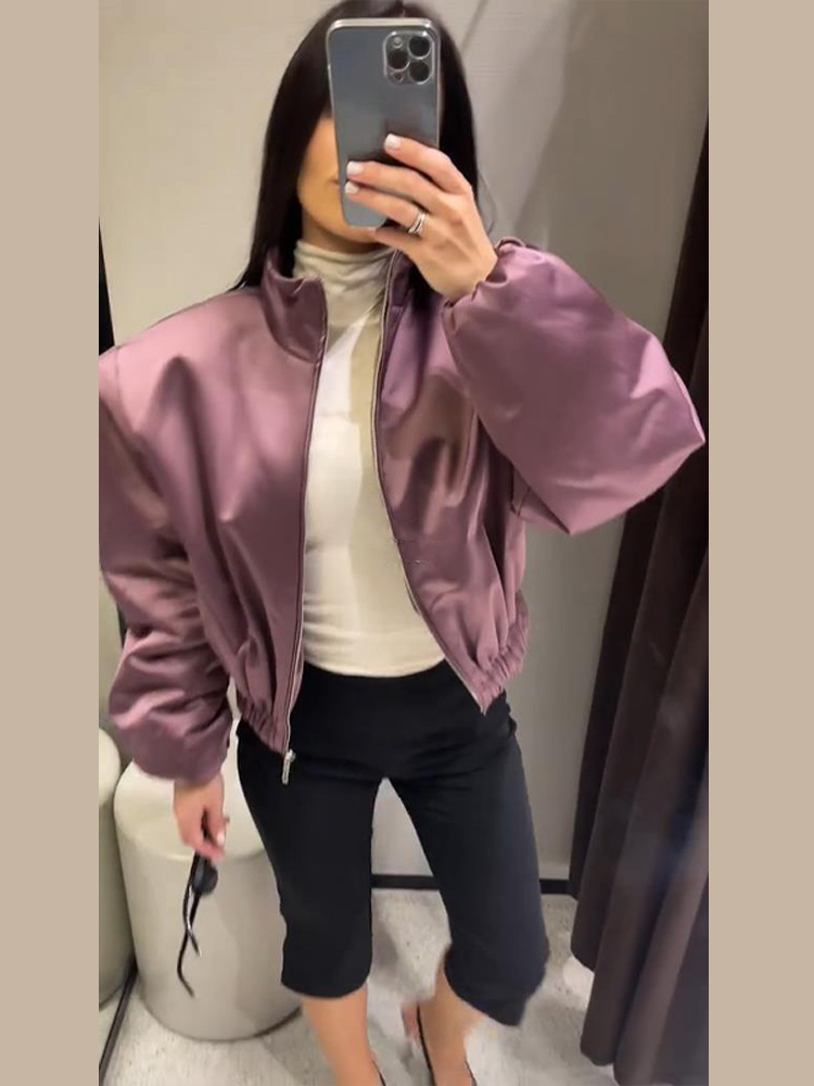 Nouvelle Veste Chic Oversize pour Femme avec Fermeture Éclair, Col Montant Uni, Ourlet Élastique – Idéale pour le Printemps et le Style Urbain
