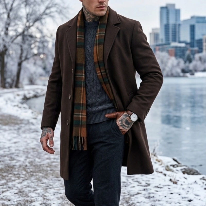 Nouveau manteau long en tissu mélangé pour homme - Fermeture à un seul bouton |   Veste de costume style business-casual et streetwear pour homme, hiver