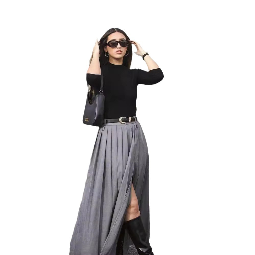 Jupes plissées pour femmes, costume gris, à la mode, taille haute, Slim, fente, jupe longue pour les déplacements, vêtements Y2k, nouvelle collection