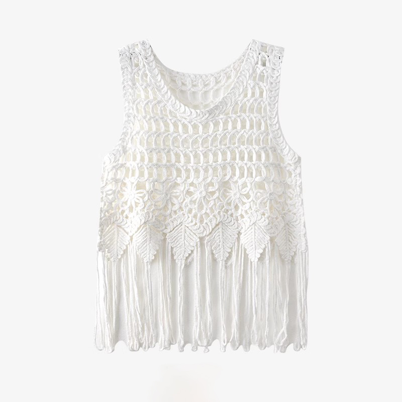 Débardeur en Crochet transparent pour femmes, Cover-Up pour Bikini, ajouré, sans manches, à franges, tenue de plage, de vacances, style Boho, été