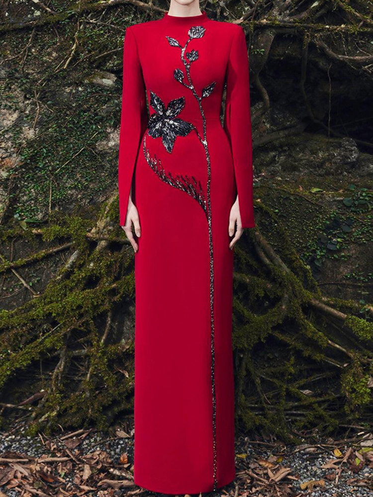 HIGH STREET Nouvelle Collection 2026 Robe Longue Maxi de Soirée Designer pour Femme, à Fleurs, Ornée de Perles et de Diamants, avec Manches Fendues