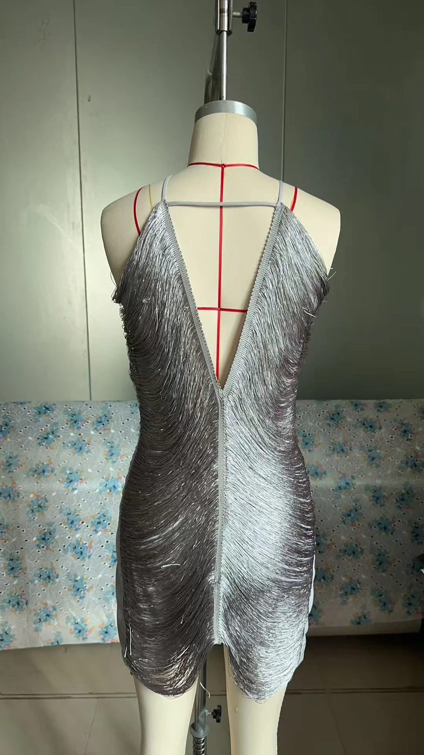 Frange col en v Mini robe licou robes femmes élégant découpé robe courte mode Patchwork asymétrique gland décor robes