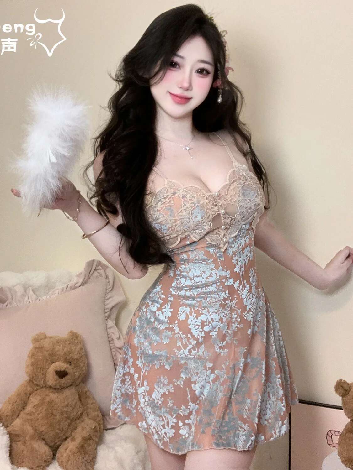 Chemise de nuit Camisole de luxe pour femmes, Style fleur, coussin de poitrine français, pur désir, dentelle, pyjama Sexy, robe élégante, ERQ8