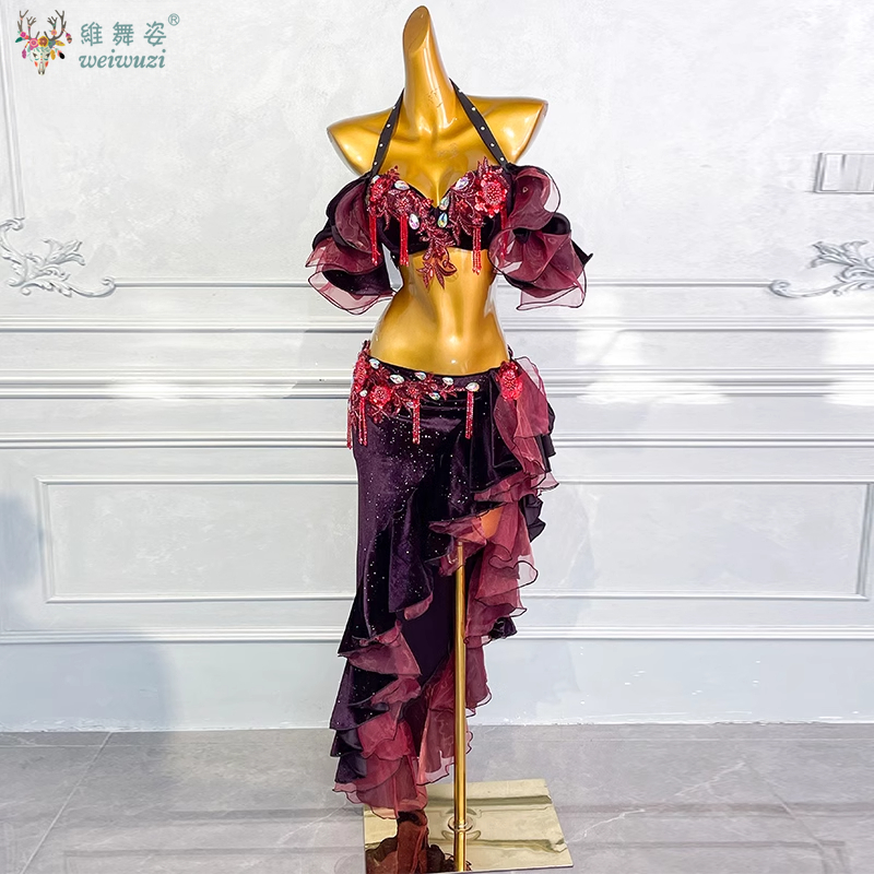 Costume de spectacle de danse du ventre pour femmes, soutien-gorge personnalisé + jupe longue fendue, 2 pièces, vêtements de danse orientale, tenue de danse du ventre