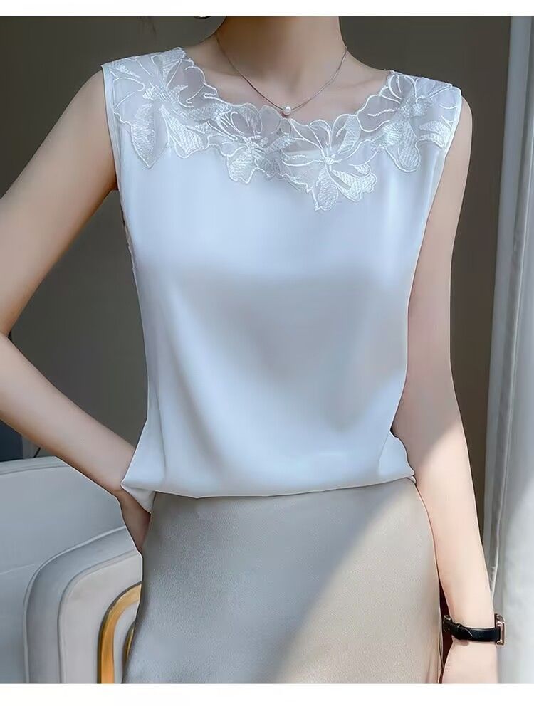 Camisole en dentelle respirante en soie, costume ample en Satin, haut sans manches sans col, gilet d'épissure