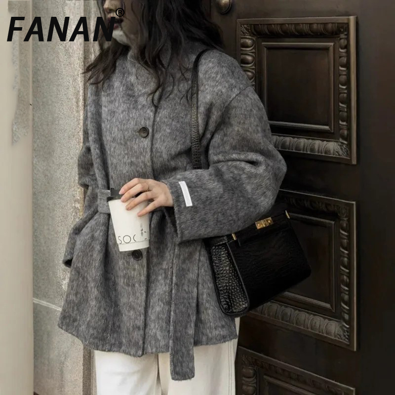 FANAN 2026 Nouveau Manteau d'Hiver pour Femmes à Col Montant en Laine Double Face, Tendance Coréenne, à Boutonnage Simple, Épais et Chaud