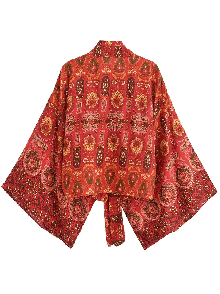 Boho Dinner ens-Robe courte pour femmes, maillots de bain kimono, rouge floral, manches chauve-souris, rayonne, bohème, bikini, couvertures, vêtements de plage, mode