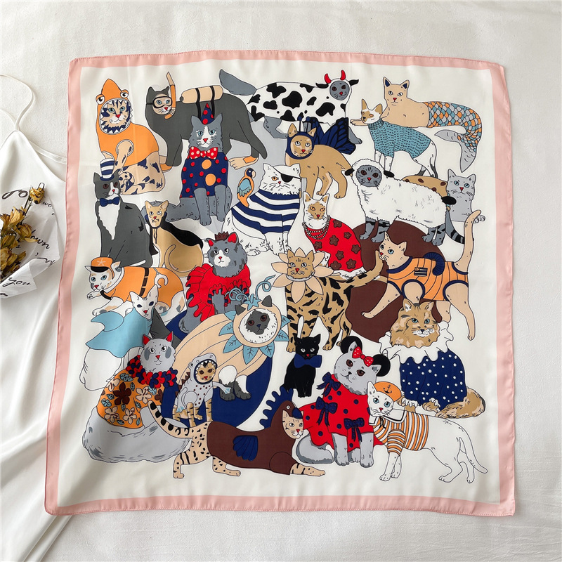 Foulard carré en soie Imitation chat de dessin animé, foulard de tête multifonction pour femmes, printemps et été