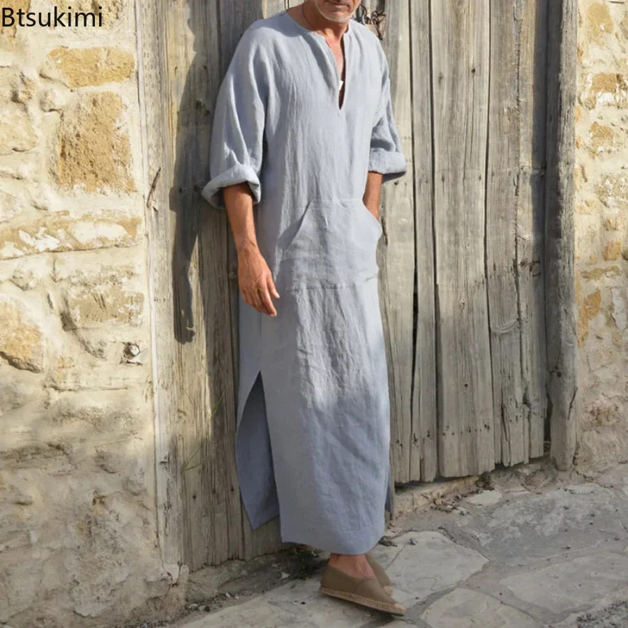 Grande taille 4XL 5XL hommes Robe musulmane col en v décontracté coton/lin poches ample à manches longues Vintage arabe ethnique Robe islamique mâle
