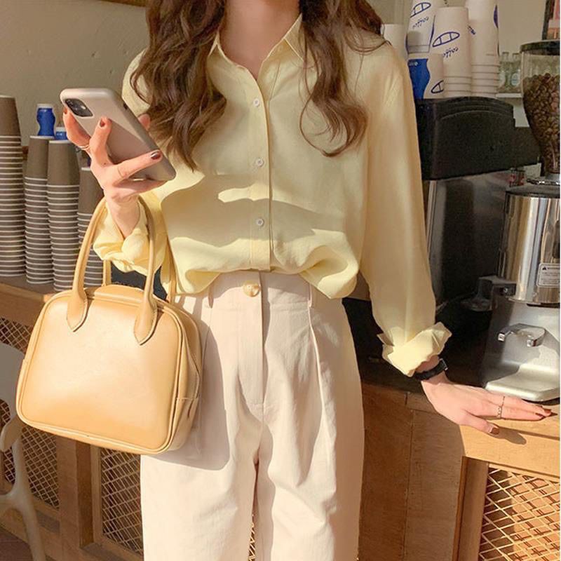 Chemisier en mousseline de soie pour femmes, chemise ample à manches longues, jaune crème, été 2025