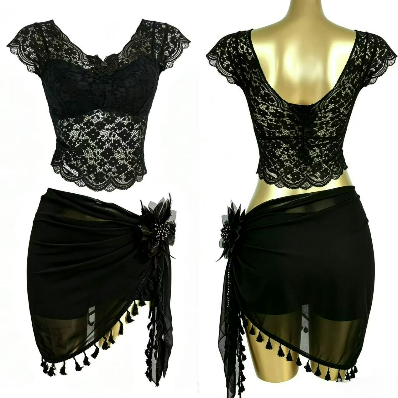 Ensemble de robe de danse sexy en dentelle pour femme, haut à manches courtes et dos nu avec coussinets de poitrine, costume de scène pour performance Cha Cha Rumba