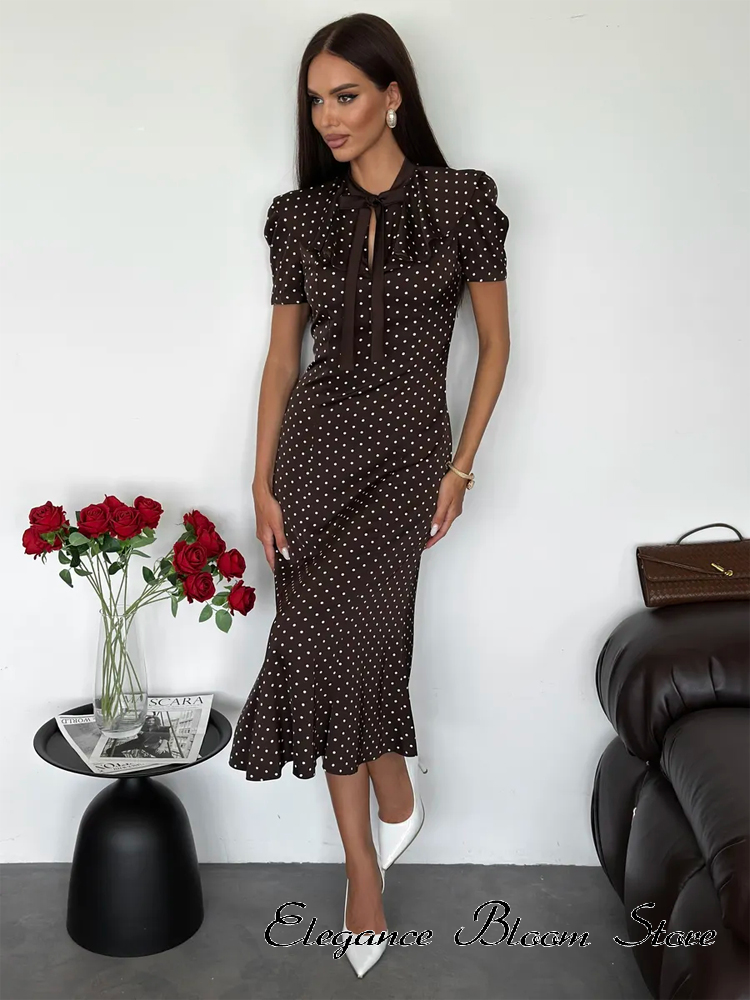 Robe midi pour femme à pois, col à nœud, manches courtes bouffantes, robe moulante à queue de poisson, robe de soirée décontractée et vintage.