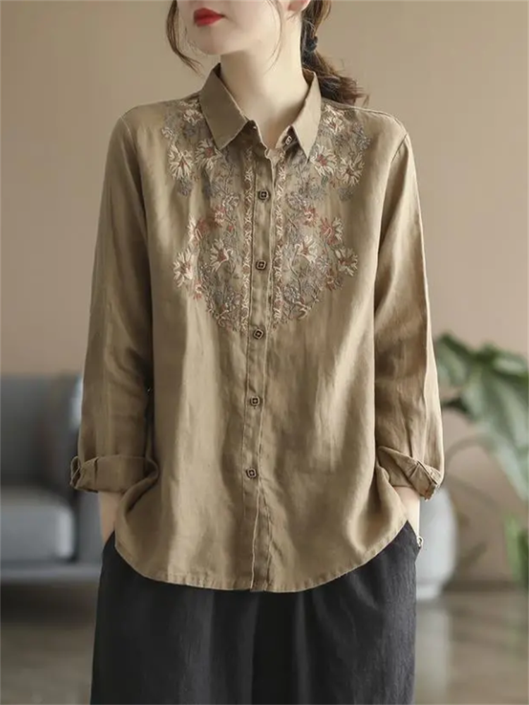 Chemisiers Rétro pour Femmes, Chemise Nationale en Coton et Lin, Blouse Ample Brodé à Col Revers, Cardigan à Manches Longues, Hauts Féminins