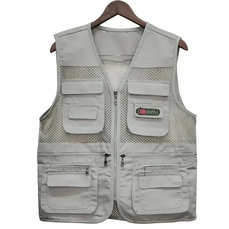 Gilet d'été fin pour hommes, manteau en maille de couleur unie, gilet multi-poches respirant, voyage Camping pêche photographie travail gilet haut
