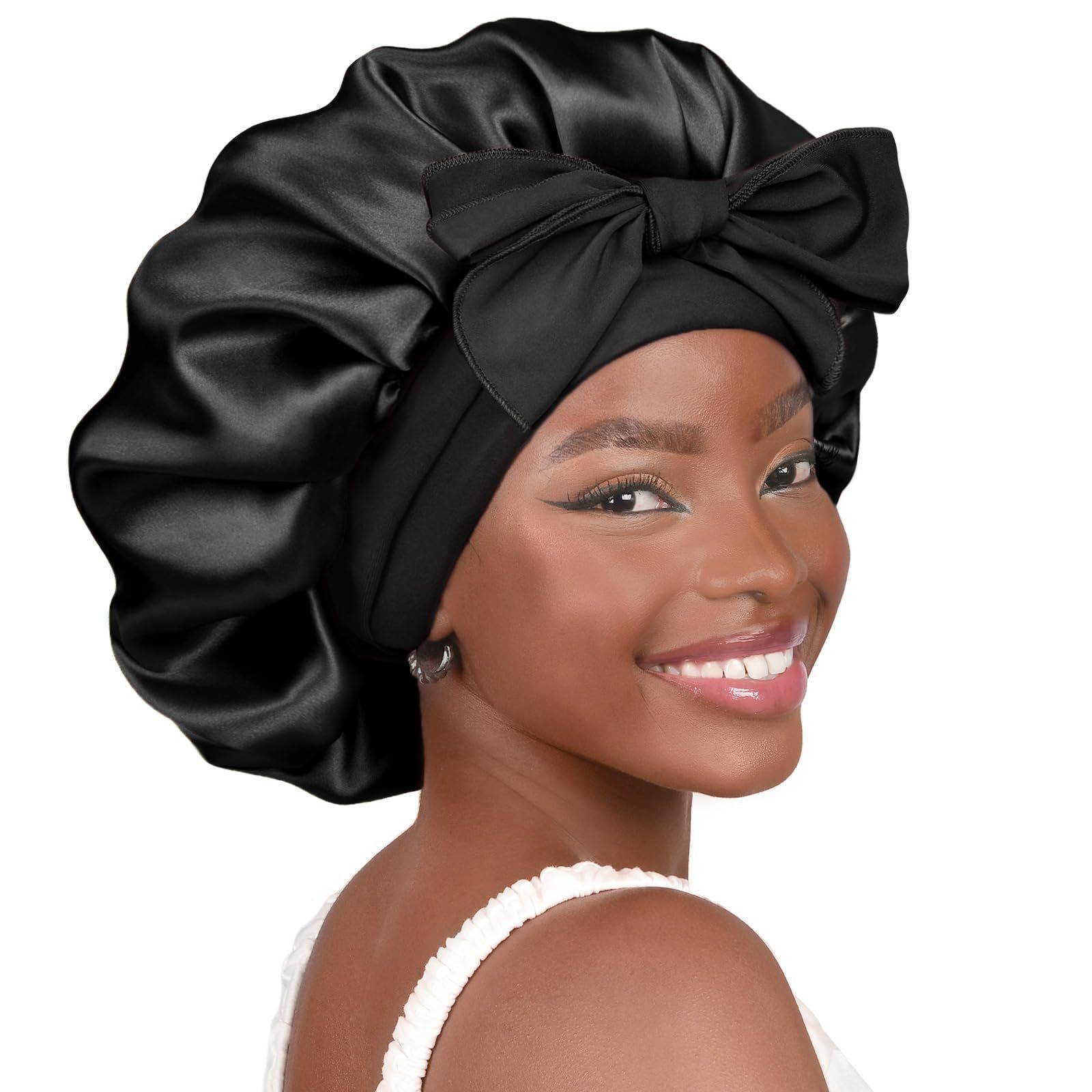 Femmes Satin cravate Bonnet Spandex large bande extensible longue queue Satin Cheveux Nuit soie dormir nuit Bonnet Bonnets pour les femmes