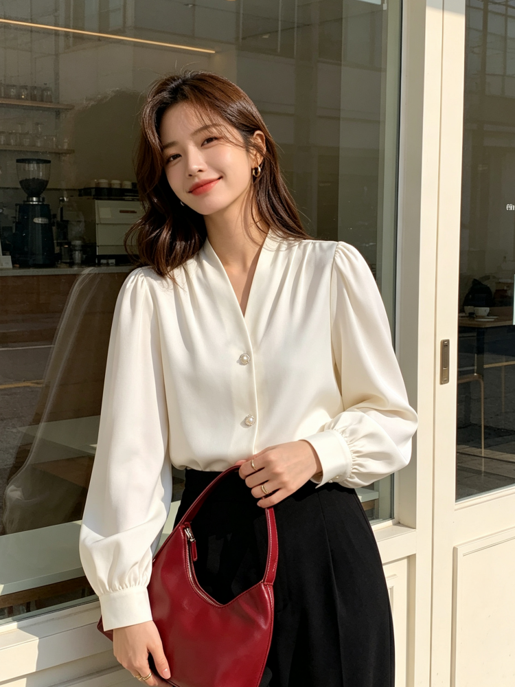 Chemisier élégant pour femme à col en V et manches longues bouffantes, chemise de bureau décontractée chic avec boutons en perles et plis sur le devant en satin
