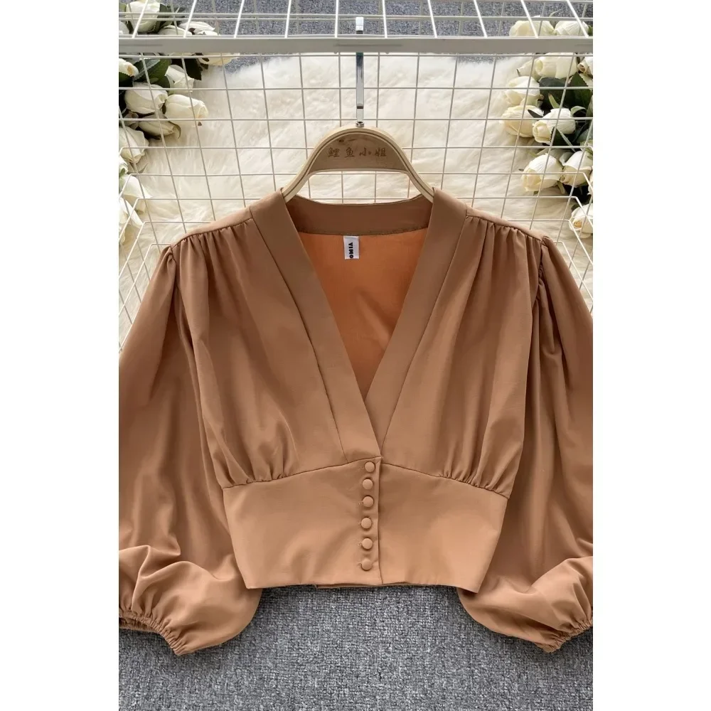 Chemises françaises Chic et élégantes pour femmes, col en v, manches longues bouffantes, chemisier pliable, polyvalent, ventre nu, hauts pour dames, livraison directe