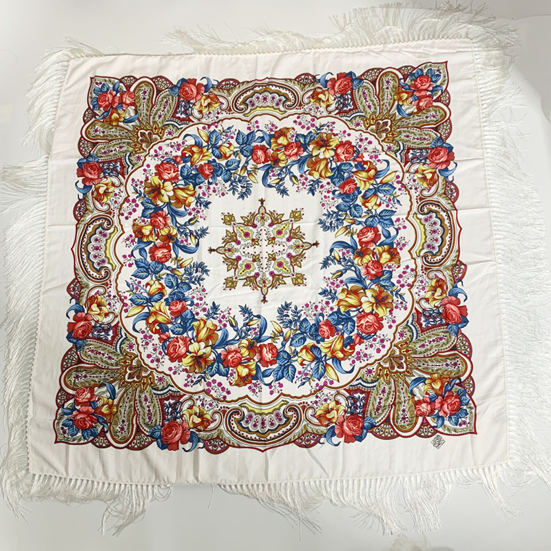 Foulard carré russe de luxe pour femmes, 140x140cm, imprimé Floral, châle, Bandana, ethnique, couverture à franges, mouchoir, Babushka