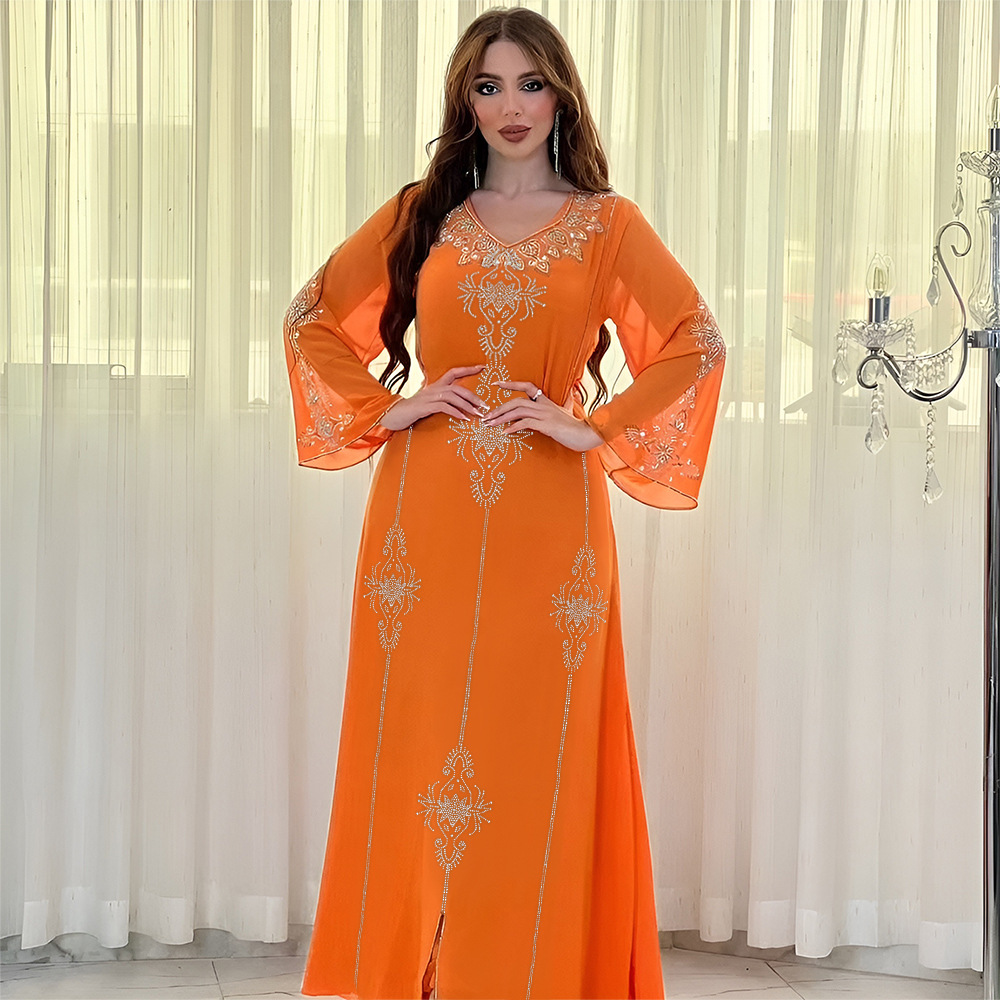 Abaya musulman en Polyester pour femmes, élégant, Orange, bleu, rose, vert, manches longues, col en v, été