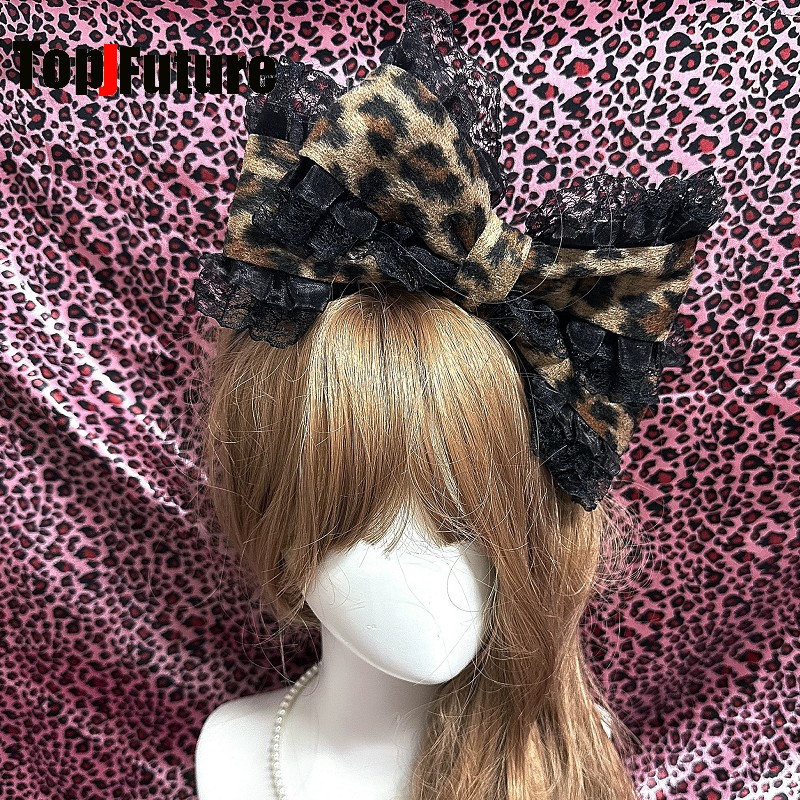 Serre-tête et épingles à cheveux pour femmes, style Y2K Hime Lolita Sweet Girl, avec nœuds chat oversize, imprimé léopard et volants en dentelle, pour subculture
