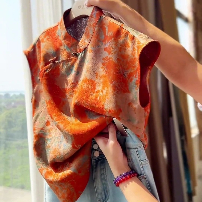 Chemisiers de Style chinois pour femmes, chemises coréennes, mode ample, vêtements Vintage imprimés, hauts sans manches pour femmes, printemps/été