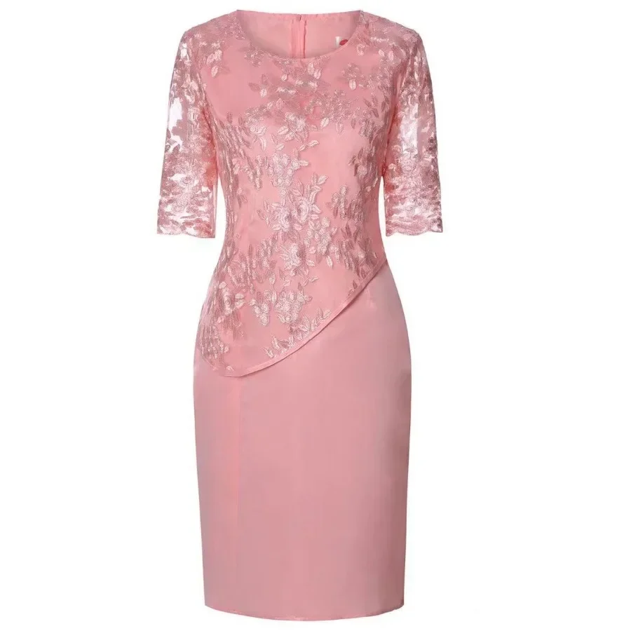 Robe Midi Grande Taille Femme 2026 5XL Élégante Col Rond Taille Haute Broderie Dentelle Manches 3/4 Robe de Soirée Vêtements Féminins