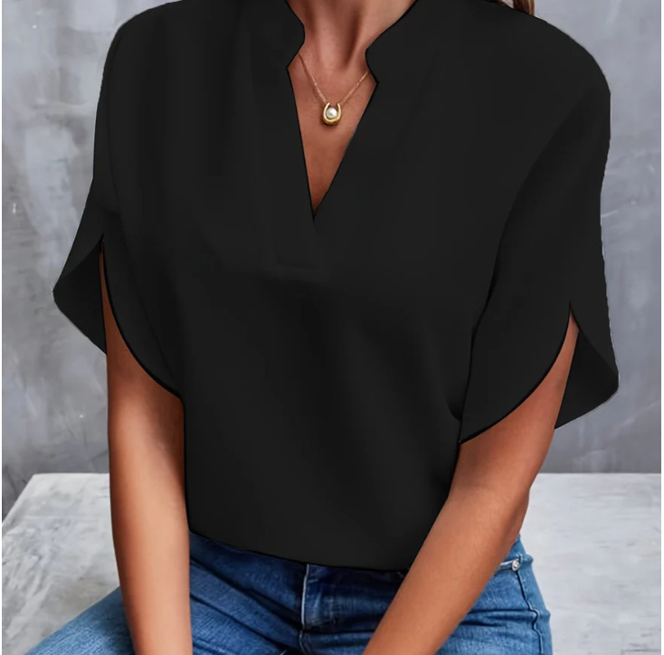 Chemisier Élégant à Manches Courtes et Col en V pour Femme, Chemise Décontractée, Couleur Unie, Bureau, Été