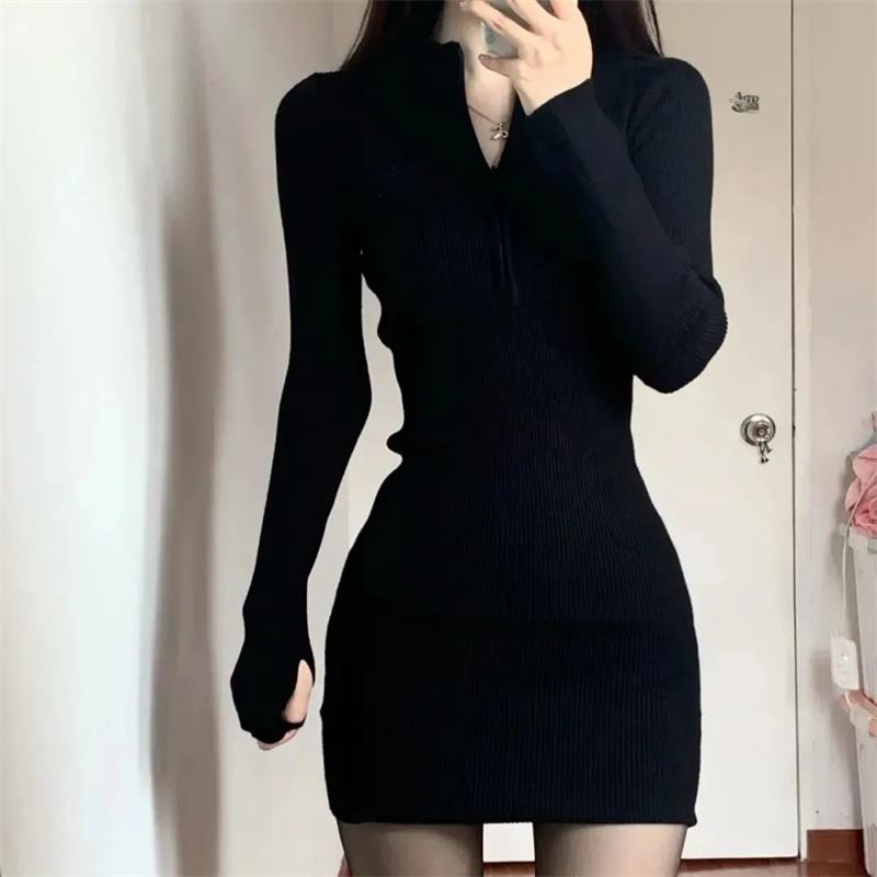 Robe courte taille haute pour femme, manches longues, noir, club sexy, batterie con, mini robe, dames, coréen, basique, automne, hiver, Y2k