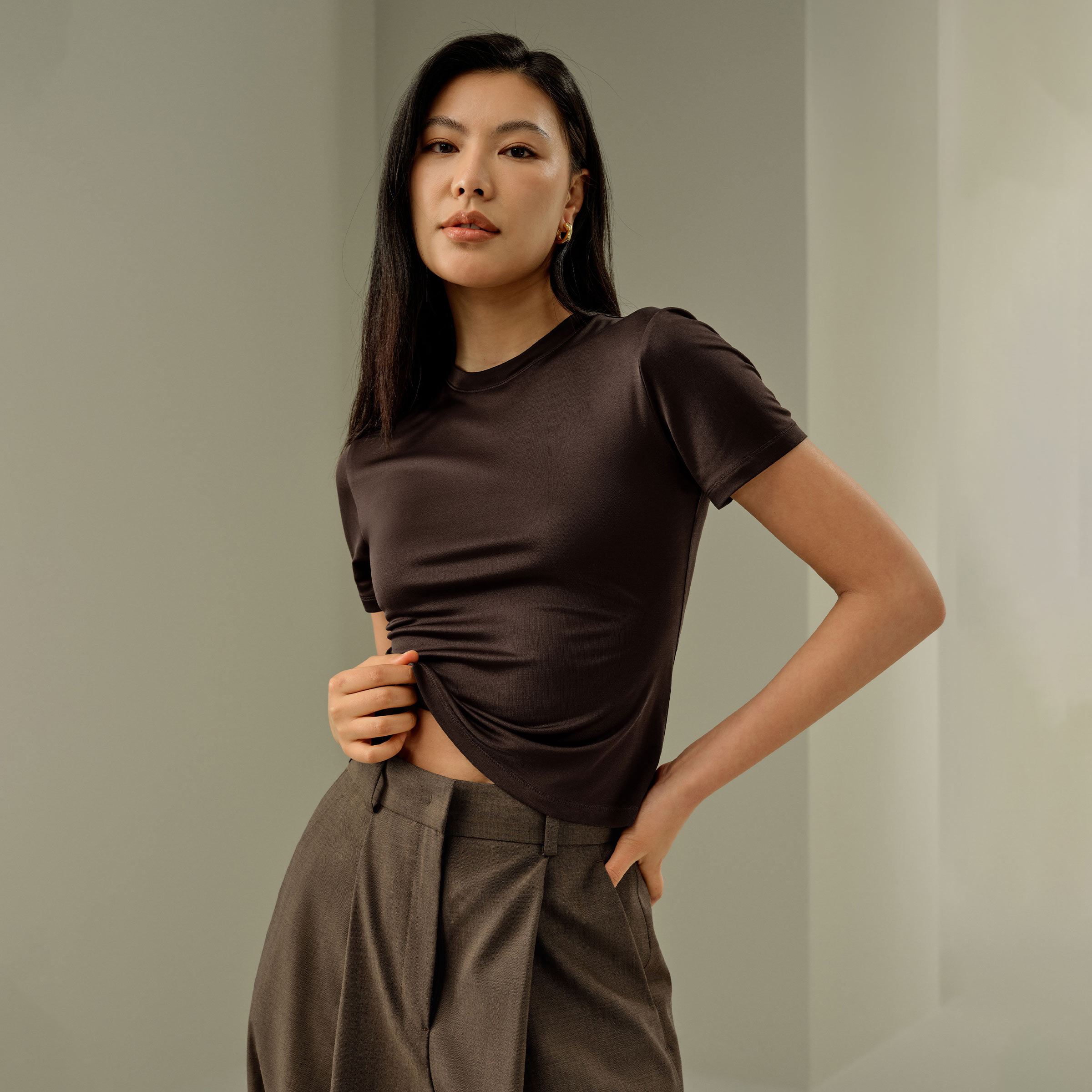 LILYSILK T-shirt ajusté en jersey de soie pour femme avec manches courtes et col rond