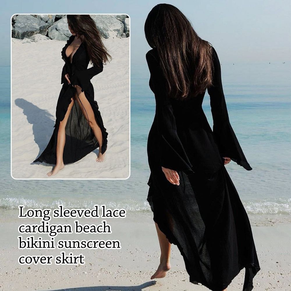 Robe de plage ample à col en V et manches longues à volants, protection solaire pour femme