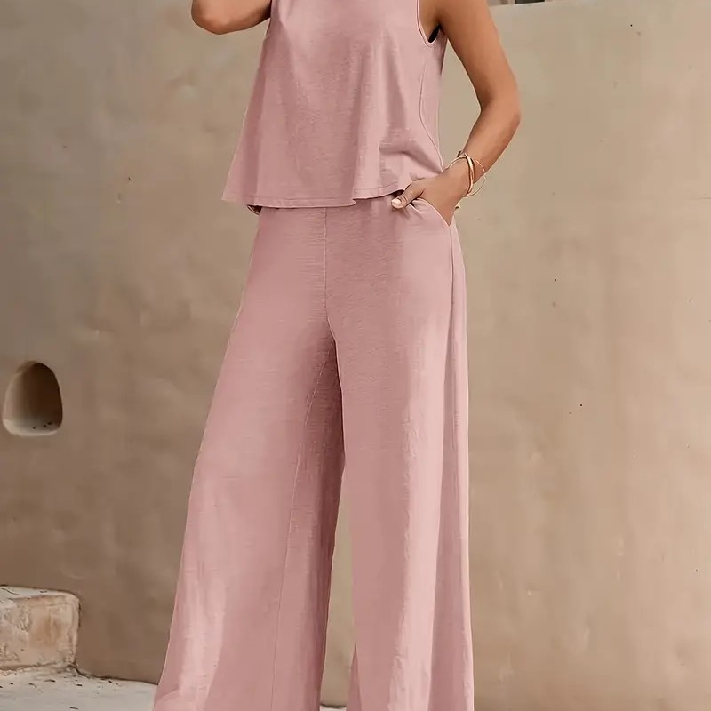 Nouveau femmes sans manches gilet et pantalon deux pièces ensemble mode couleur unie deux pièces col rond haut pantalon costume ensemble décontracté
