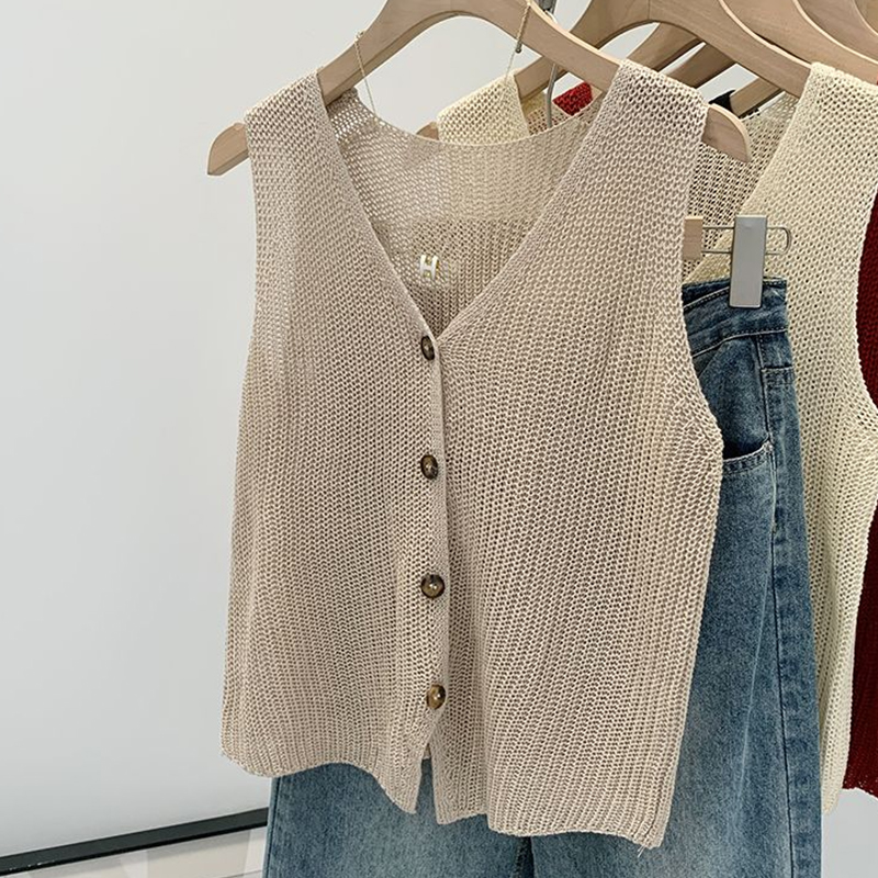 Gilet d'été coréen en coton et lin pour femmes, mode décontractée, couleur unie, ample, col en v