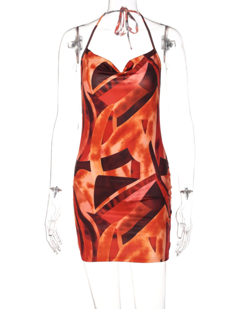 Robe moulante Style Boho, dos nu, Sexy, ajouré, couleur Orange, col licou, sans manches, slim, élégante, tenue de soirée en boîte de nuit
