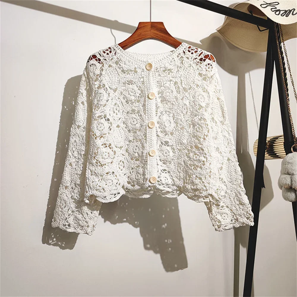 Cardigan en coton et dentelle pour femme, petit châle, col rond, manches longues, couleur unie, décontracté, ajouré, printemps et été, 2024