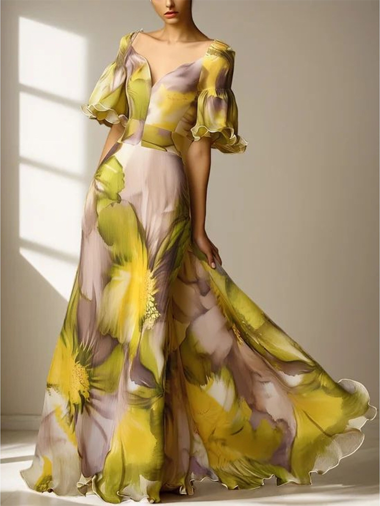 Robe longue en mousseline de soie à fleurs pour femme, col en V, manches courtes bouffantes, taille haute, élégante, fluide, pour soirée, mariage, invitée, été