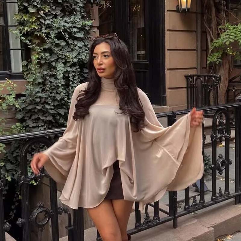 YENKYE nouvelle mode col haut Cape haut pour femmes élégantes ourlet asymétrique chemisier en mousseline de soie ample