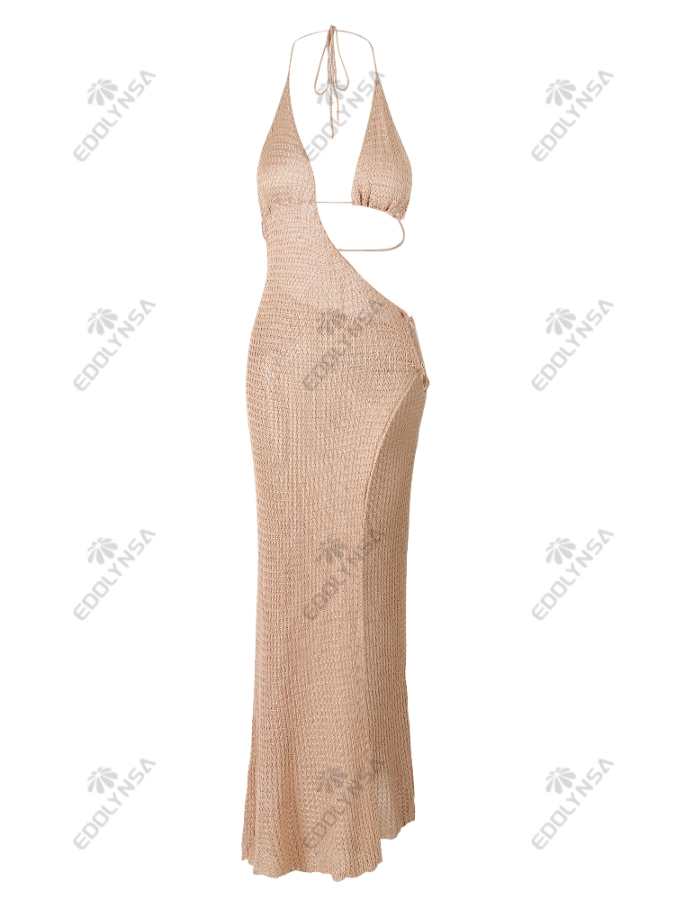 Robe longue de plage sexy et moulante à décolleté plongeant, en tricot noué, avec découpes circulaires et fente haute, collection été 2026, cache-maillot pour femme K88