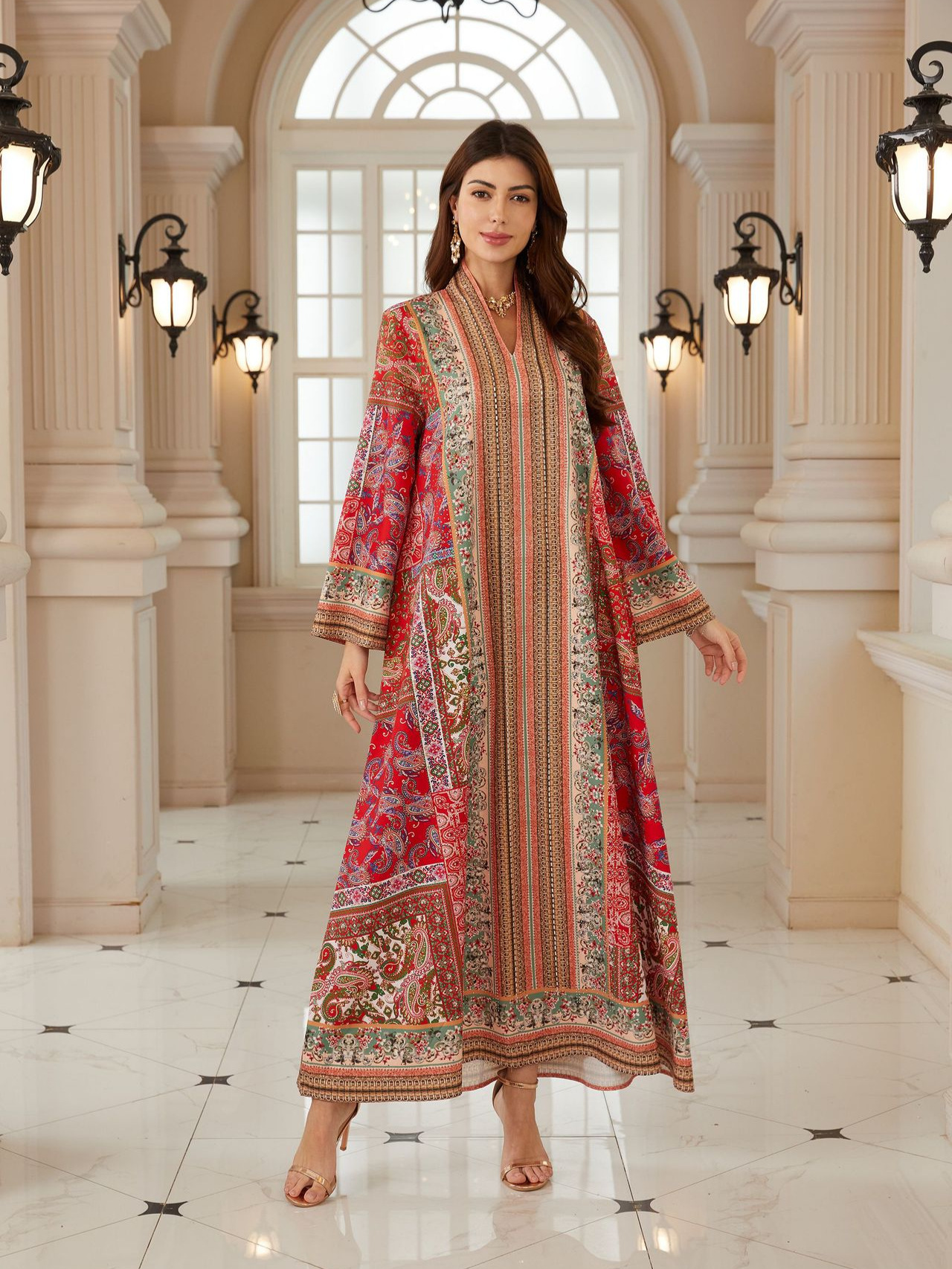 Abaya Eid Ramadan pour femmes, imprimé paisley, strass, kaftan à manches longues, taille haute, coupe ample, robe longue de fête musulmane de style Dubaï marocain