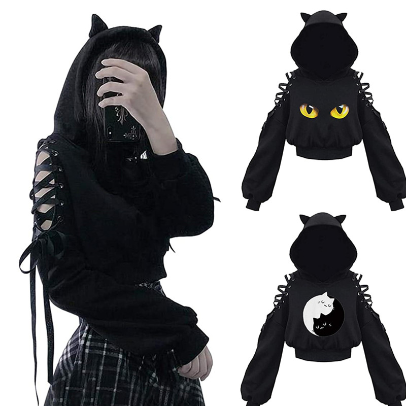 Sweat à capuche à manches longues pour femmes, Kawaii, oreilles de chat, gothique, Punk, Harajuku, épaule froide, Bandage, gothique, noir, 2021