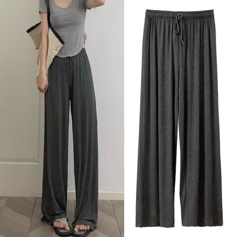Pantalon pour femme grande taille en modal et soie glacée, taille haute, jambe large, fluide, ample et droit, style streetwear décontracté, pour l'été