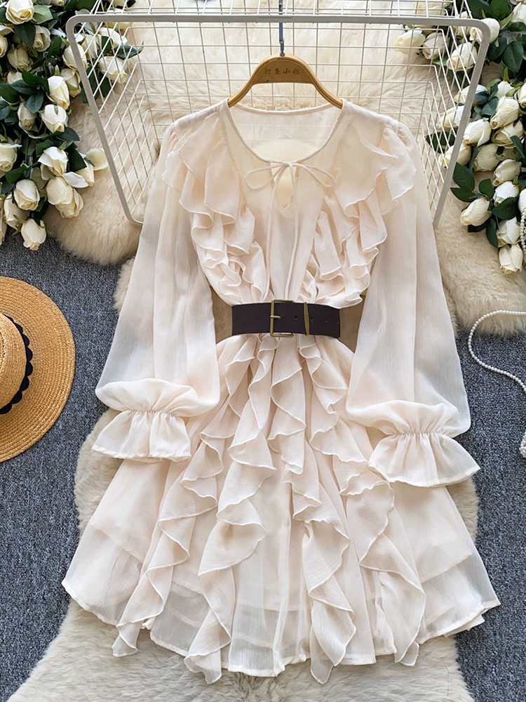 Robe de printemps pour femmes, élégance française, en mousseline de soie, à volants, manches longues, taille haute, ceinturée, polyvalente, pour le bureau, longueur mi-longue, Vestidos DS334