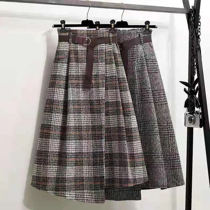 Femmes coréennes mode loisirs Plaid laine jupe automne hiver nouvelle taille haute mi-longue irrégulière laine jupes Femme grande taille 4XL