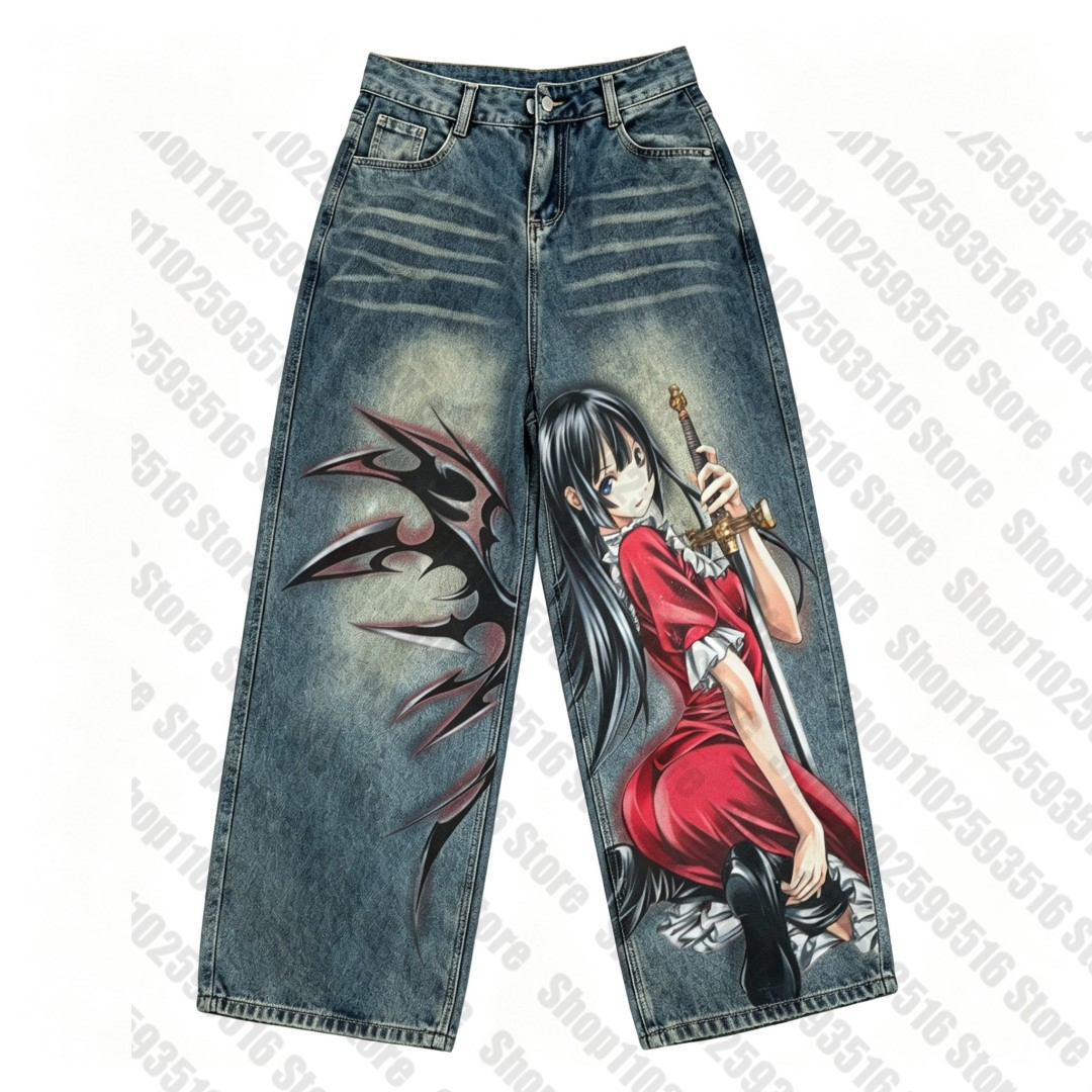 Jeans pour femmes, vêtements Harajuku tendance, style punk, mignons, pantalons Y2k, vêtements kawaii emo pour femmes, imprimés graphiques des années 2000, tendance anime.