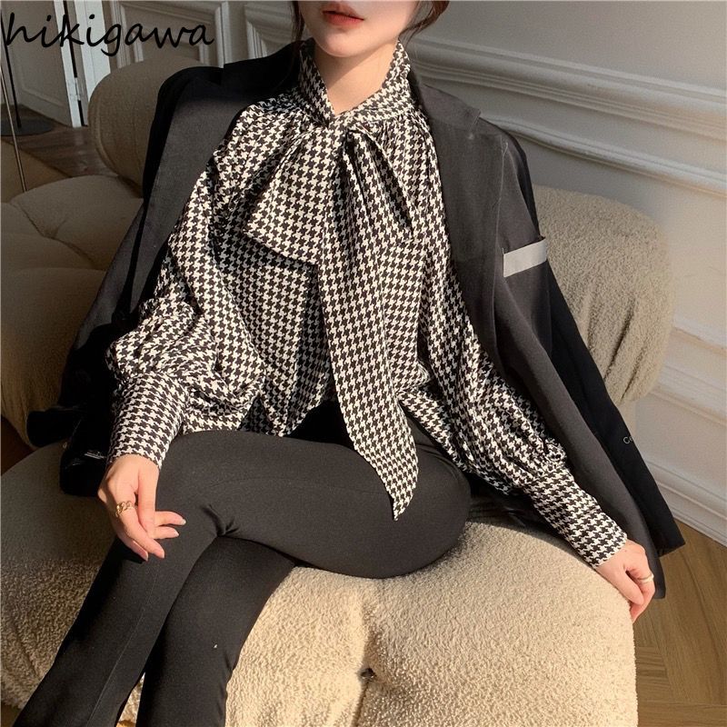 Mode chemises à carreaux pour les femmes col montant pansement nœud lanterne manches Blouses coréen Vintage hauts amples 2025 Camisas De Mujer