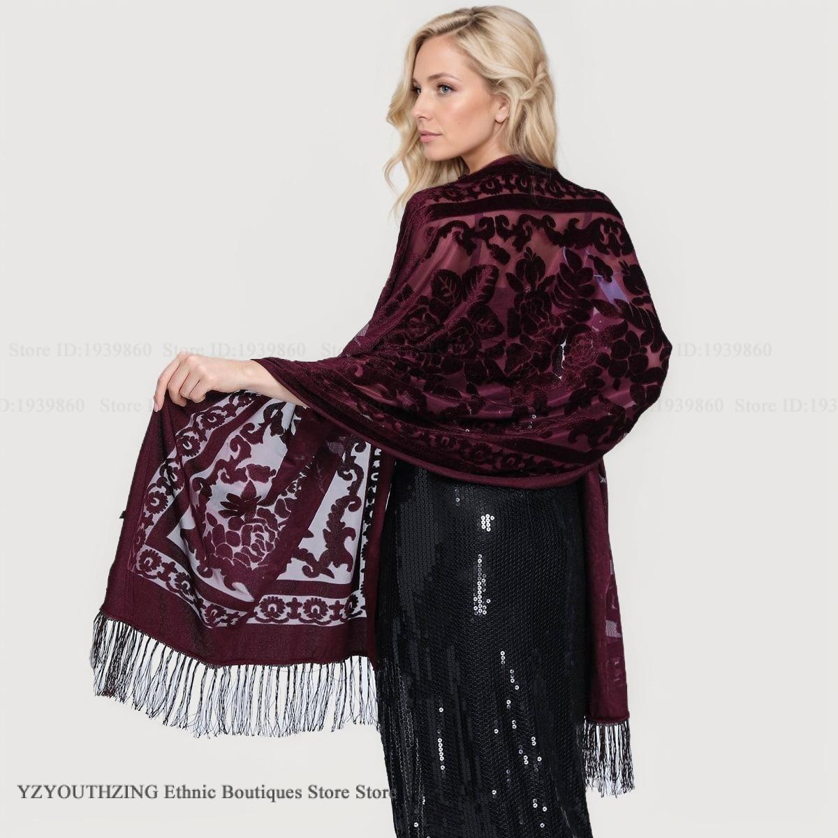 Femmes velours écharpe châle femme longue Jacquard foulards Noble châle automne printemps Poncho Wrap luxe Pashmina gland cape Bufanda
