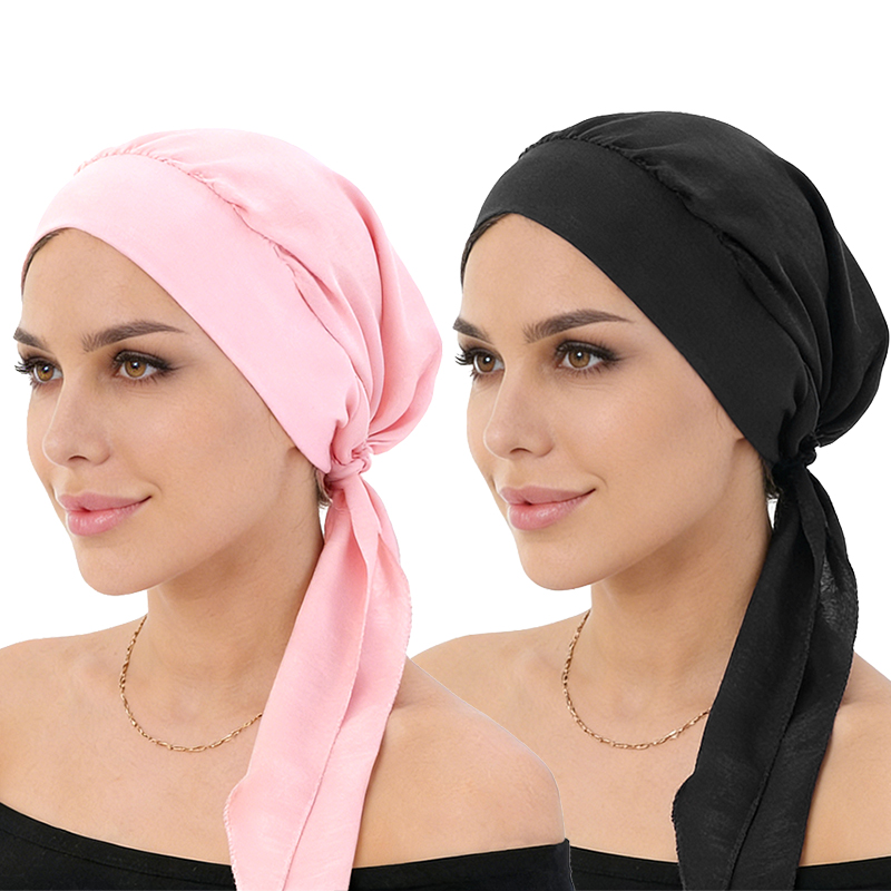 Lot de 2 : Turban pré-noué pour femme musulmane, Foulard Hijab, Bonnet chimio, Foulard pour perte de cheveux, Bandana extensible, Accessoires capillaires