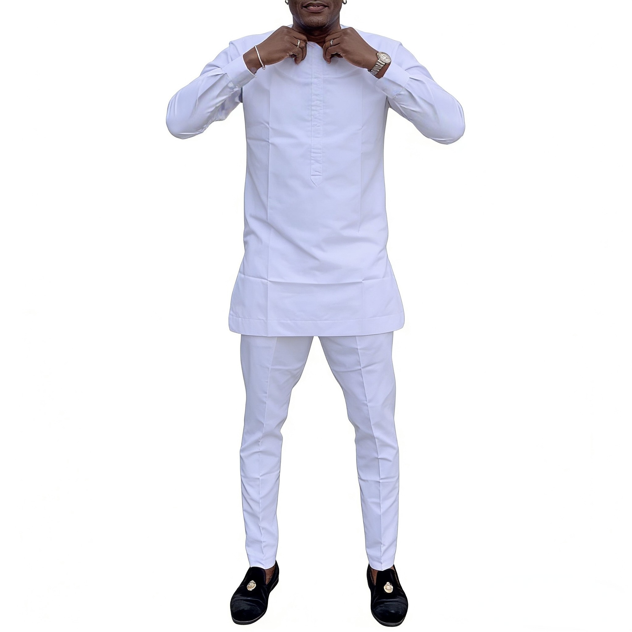 Ensembles pour hommes, hauts et pantalons à manches longues, blanc uni, Design Original, costumes sur mesure, Couture africaine, vêtements de fête