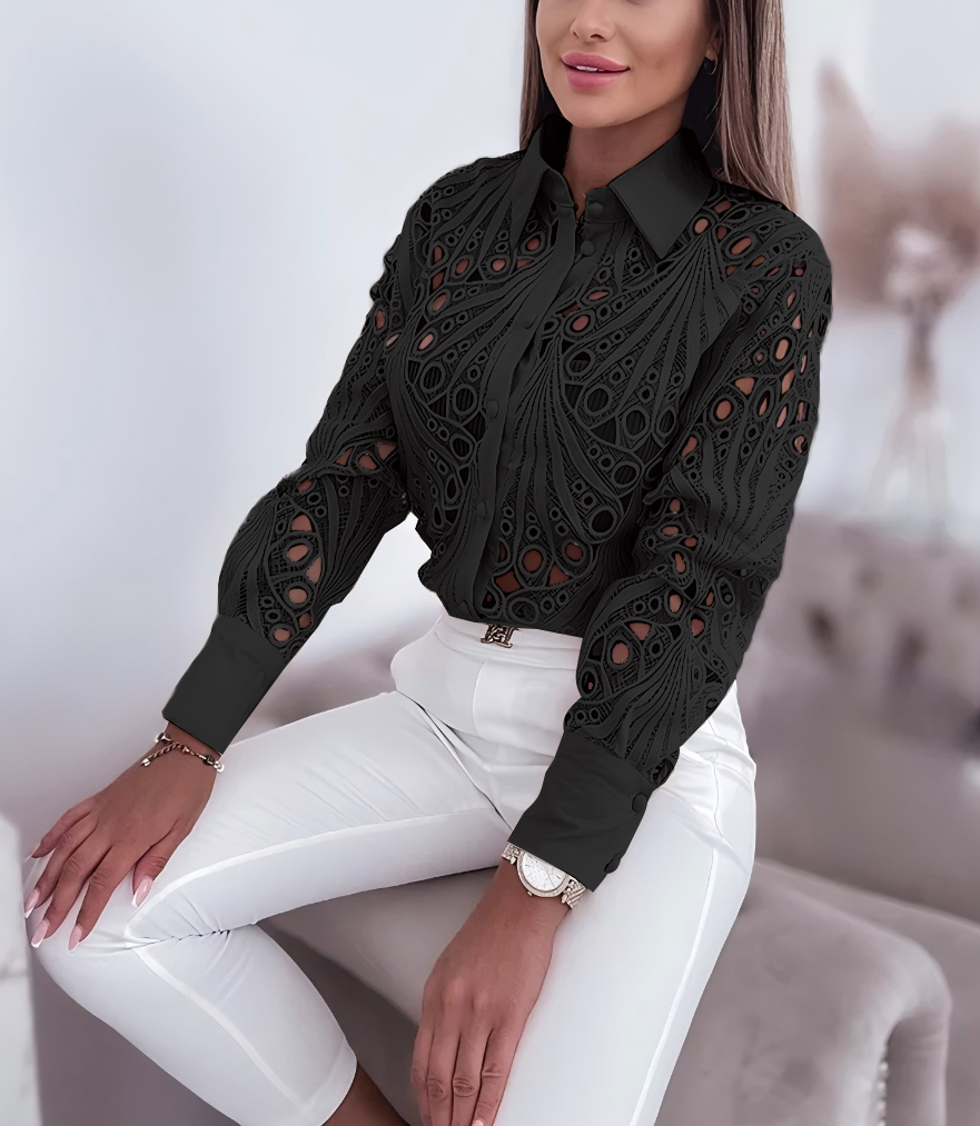 Chemisiers pour femmes chemise à manches longues évidée décontracté solide boutonné avec revers et devant ouvert Camisas Femininas
