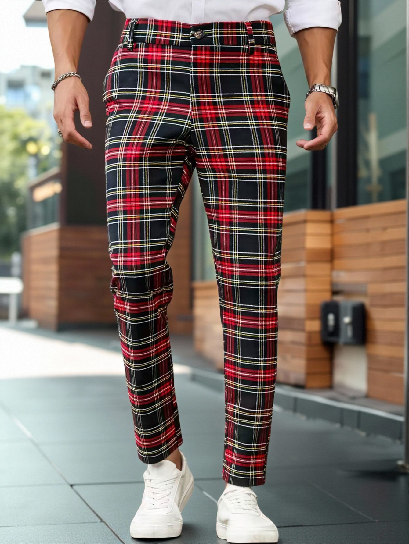 Pantalon de costume fuselé à carreaux écossais pour homme, en viscose, polyamide et élasthanne, coupe slim, décontracté et professionnel, longueur cheville