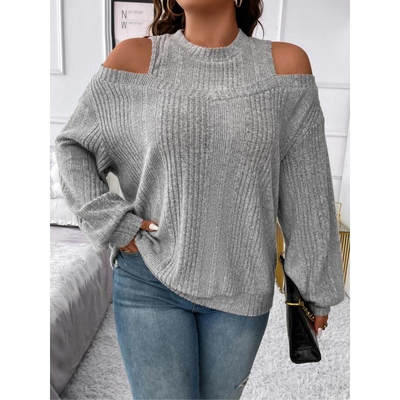 Pull en tricot pour femmes, grande taille 1XL-5XL, col mi-haut, épissure, couleur unie, manches longues, épaules dénudées